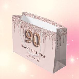90. Geburtstag Rosa Glitzer Tropfen Rose Gold Große Geschenktüte