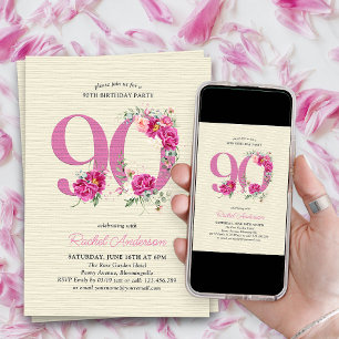 90. Geburtstag Rosa Pfingstrose Florale Zahl 90 Einladung