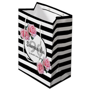 90. Geburtstag rosa Rosen Schwarz-weiße Streifen Mittlere Geschenktüte