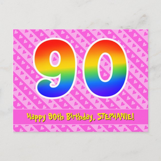 90. Geburtstag: Rosa Streifen & Herz, Regenbogen 9 Postkarte (Vorderseite)