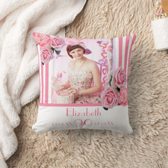 90. Geburtstag Rosa weiße Streifen Blumenstrauß Fo Kissen (Decke)