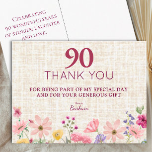 90. Geburtstag Rosa Wildblumen Leinen Dankeschön Postkarte
