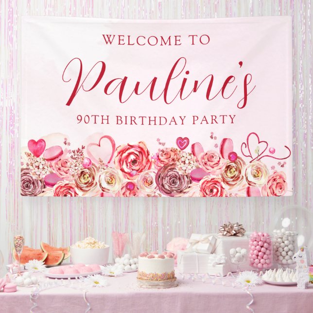 90. Geburtstag Rosa Wirbles Herz Willkommen Banner (Party)