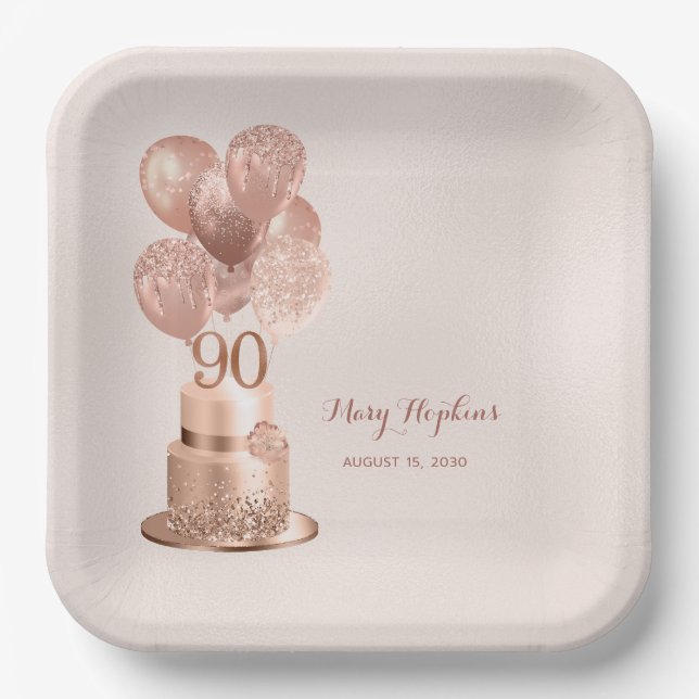 90. Geburtstag Rose Gold Cake Paper Plate Pappteller (Vorderseite)