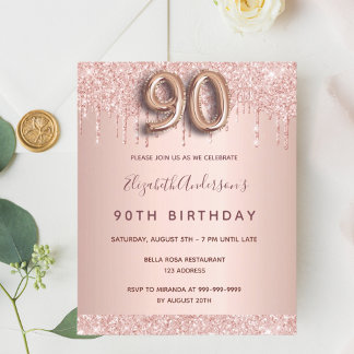 90. Geburtstag Rose Gold Glitzer Einladung Flyer