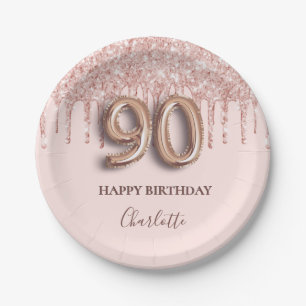 90. Geburtstag Rose Gold Glitzer Rosa Ballon Stil Pappteller