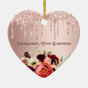 90. Geburtstag Rose Gold Glitzer Tropfen rosa Blum Keramik Ornament
