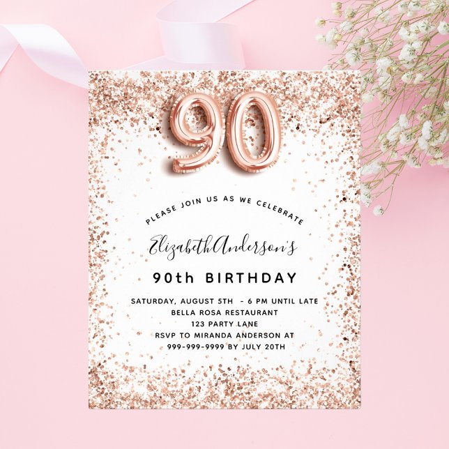 90. Geburtstag Rose Gold Weißes Budget Einladung Flyer (Von Creator hochgeladen)