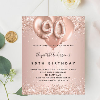 90. Geburtstag Rose Goldballons Budget Einladung Flyer