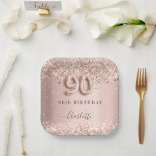 90. Geburtstag Rose Goldblush Glitzer Name Pappteller