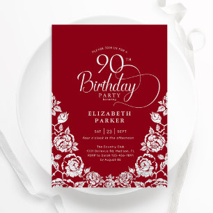 90. Geburtstag Rot Silber Rose Einladung