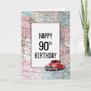 90. Geburtstag roter Retro-LKW auf Karte
