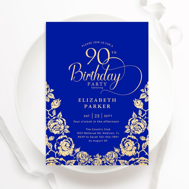 90. Geburtstag Royal Blue Gold Rose Einladung (Von Creator hochgeladen)