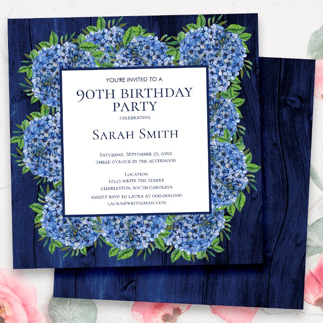 90. Geburtstag Rustic Wood Blue Hydrangeas Party Einladung (Von Creator hochgeladen)