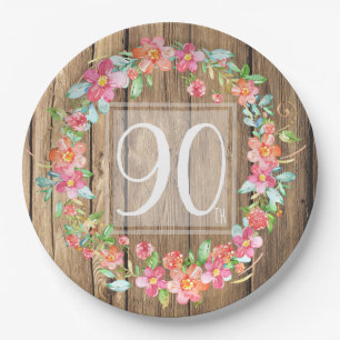90. Geburtstag rustikale Holzwasserfarbe Blume Pappteller