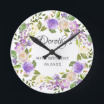 90. Geburtstag Rustikale Lila Blüte Runde Wanduhr<br><div class="desc">Ein Geschenk oder Sake für einen 90. Geburtstag. Lila Rose sind in grünen Blätter eingebettet. Der Name ist in wunderschöner Kalligrafie mit 90. Geburtstag und Datum unten geschrieben.</div>