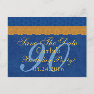 90. Geburtstag Save the Date Blue und Gold Lace Ankündigungspostkarte