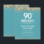 90. Geburtstag Save the Date Einladung<br><div class="desc">Eleganter Imitat Gold Glitzer mit schimmernden Konfetti Highlights auf der Ober- und Untergrenze. Alle Texte sind individuell einstellbar und lassen sich für Ihr eigenes Party leicht ändern. Sehr elegantes Design aus dem 90. Jahrhundert.</div>