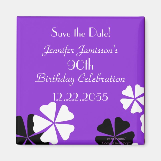 90. Geburtstag Save the Date Lila Blumenmagnet Magnet (Vorne)