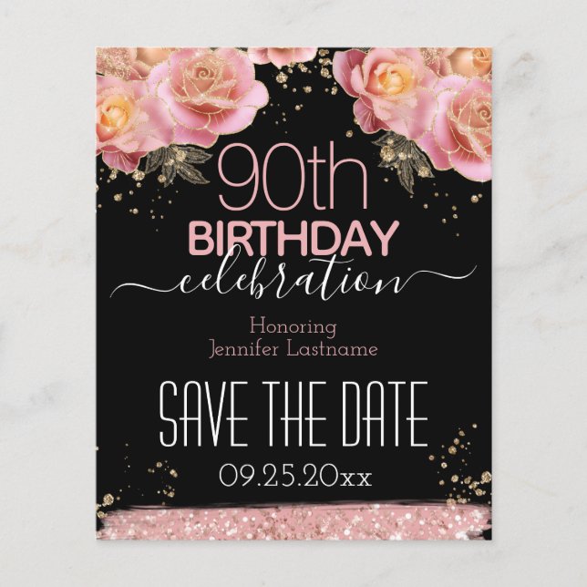 90. Geburtstag Save the Date rosa Blumenbudget (Vorderseite)