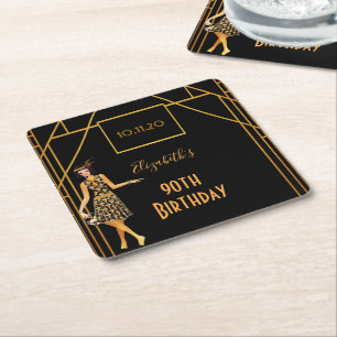 90. Geburtstag Schwarz Gold 1920 Art Deco Rechteckiger Pappuntersetzer