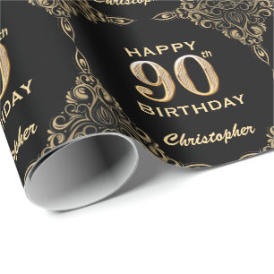 90. Geburtstag Schwarz-Gold-Glitzer-Rahmen Geschenkpapier