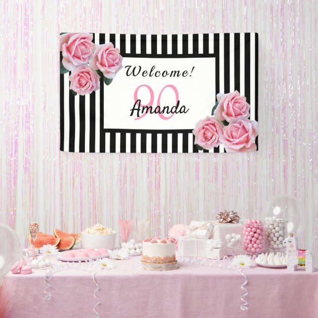 90. Geburtstag Schwarz-weiße Streifen Flora Banner (Party)