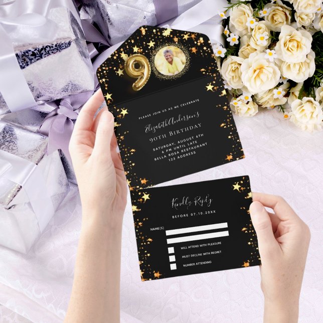 90. Geburtstag schwarze Goldstars Foto uAwg All In One Einladung (Von Creator hochgeladen)
