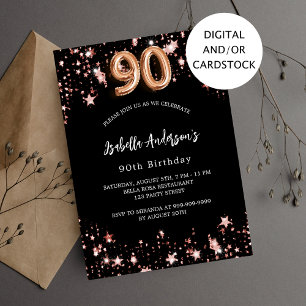 90. Geburtstag schwarze Rose goldene Sterne Einladung