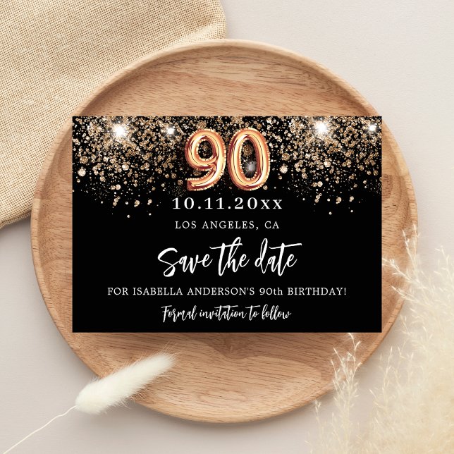 90. Geburtstag schwarzer Glitzer Save the Date Ankündigungspostkarte (Von Creator hochgeladen)