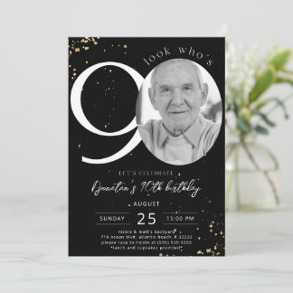 90. Geburtstag Schwarzes Gold Einladungs-Card-Foto Einladung