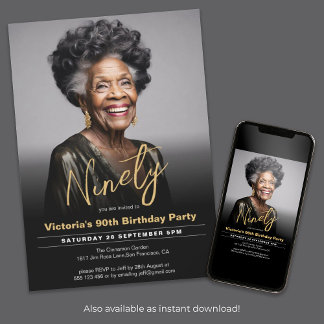 90. Geburtstag Schwarzes Gold Minimal Modernes Fot Einladung