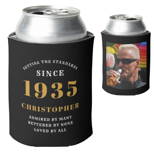 90. Geburtstag Schwarzes Gold mit Foto Dosenkühler (90th birthday personalized can cooler with name and photograph)