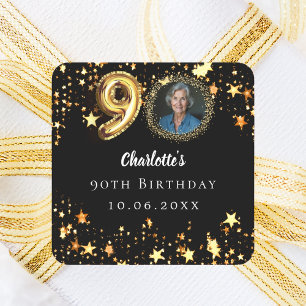 90. Geburtstag Schwarzes Gold Sterne Foto Quadratischer Aufkleber