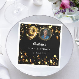 90. Geburtstag Schwarzes Gold Sterne Foto Serviette