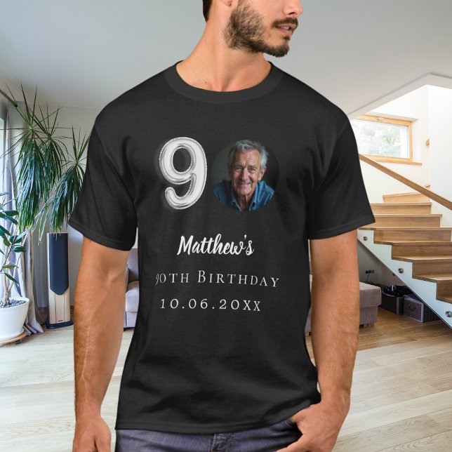 90. Geburtstag schwarzes silbernes Foto T-Shirt (Von Creator hochgeladen)