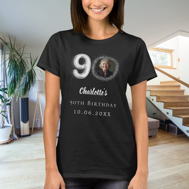 90. Geburtstag schwarzes silbernes Foto T-Shirt (Von Creator hochgeladen)