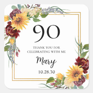 90. Geburtstag Sonnenblumen Danke Quadratischer Aufkleber