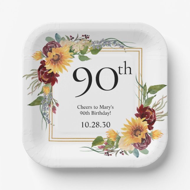 90. Geburtstag Sonnenblumen Pappteller (Vorderseite)
