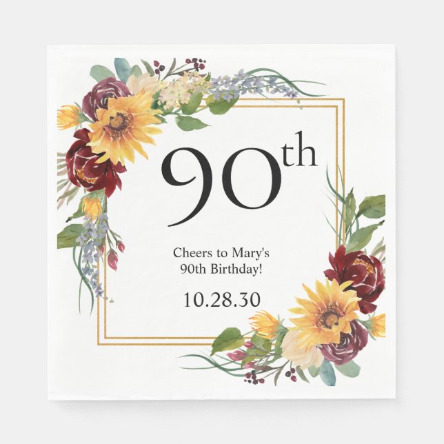 90. Geburtstag Sonnenblumen Serviette (Vorderseite)