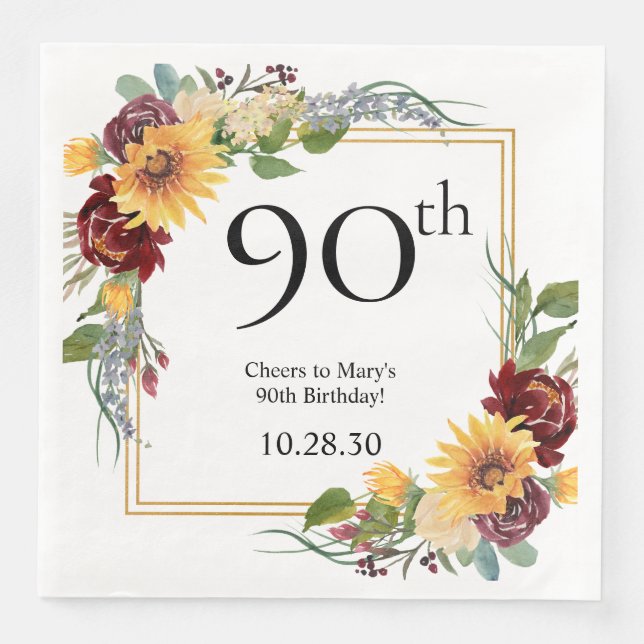 90. Geburtstag Sonnenblumen Serviette (Vorderseite)