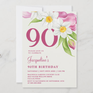 90. Geburtstag Stilvoll Elegant Modernes Blumenros Einladung