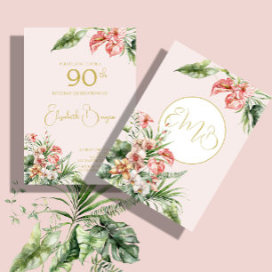 90. Geburtstag Tropisches Wasserfarbenrosa Elegant Einladung