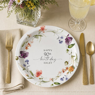 90. Geburtstag Weibliche Wildblumen Floral Pappteller