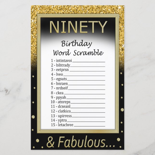 90 Geburtstag Word Scramble Game (Vorderseite)