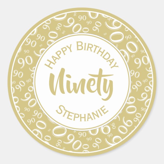 90. Geburtstag Zahlenmuster Gold und Weiß Runder Aufkleber (Vorderseite)