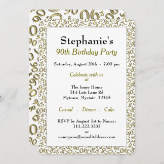 90. Geburtstag Zufallszahlenmuster Gold/Weiß Einladung