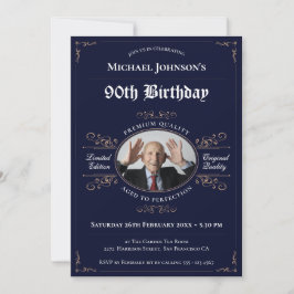 90. Geburtstags-Navy Gold Vintag Whiskey Label Einladung