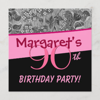 90. Geburtstags-Party-Rosa-Vintages Blumen-Silber Einladung