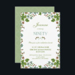 90. Geburtstagseinladung, Neunzigster Vintager Sti Einladung<br><div class="desc">Diese Einladung zum 90. Geburtstag ist ein Vintager Stil, inspiriert von einer Postkarte aus dem frühen 19. Jahrhundert. Es verfügt über einen Rahmen von grünen, blauen und rosa Kleeblatten Blume. Die Rückseite hat einen ergänzenden grünen Hintergrund mit einem weißen Quartrefolienmuster, das geändert oder entfernt werden kann. Der Text kann auf...</div>